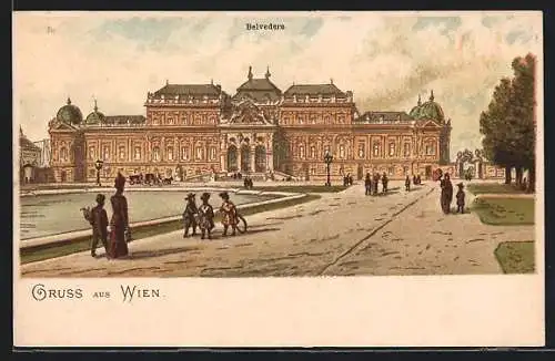 Lithographie Wien, Belvedere mit Spaziergängern