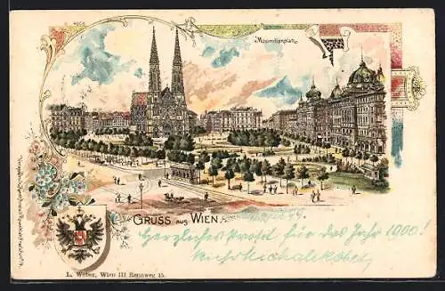 Lithographie Wien, Pferdebahn am Maximilianplatz