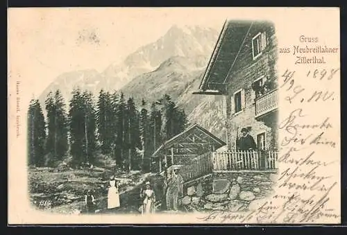 AK Ginzling /Zillerthal, Gasthaus Neubreitlahner mit Gästen