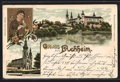 Lithographie Puchheim, Totalansicht über den See, Gnadenkirche U.L. Frau v. d. immerwährenden Hilfe