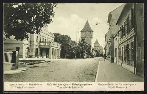 AK Hermannstadt, Stadttheater, Befestigungstürme, Harteneckgasse