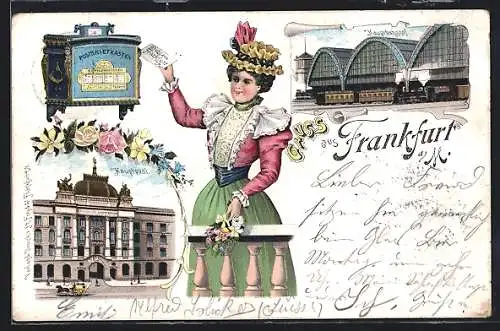 Lithographie Frankfurt, feine Dame mit Hut wirft einen Brief in den Briefkasten, Hauptpostamt, Hauptbahnhof, Eisenbahn