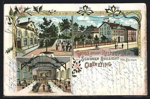 Lithographie Obereving / Dortmund, Restaurant zur Schönen Aussicht mit Garten, Terrasse u. Saal