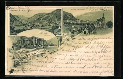 Lithographie Bozen-Gries, Kurhaus, Villen, Ortsansicht