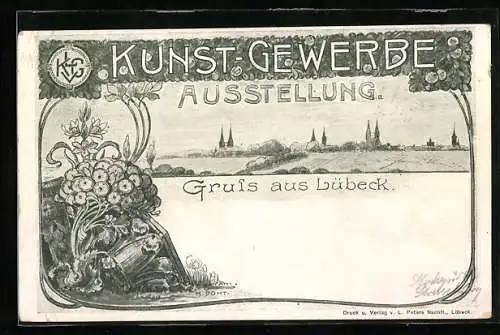 Lithographie Lübeck, Kunst-Gewerbe-Ausstellung, Ortsansicht