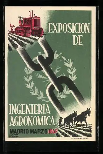 Künstler-AK Madrid, Exposicion de Ingenieria Agronomica 1950, Pflügen per Zugmaschine