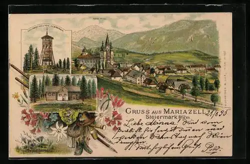 Vorläufer-Lithographie Mariazell, 1895, Schutzhaus auf der Bürgeralpe, Erzherzog Franz Karls-Höhe, Ortsansicht