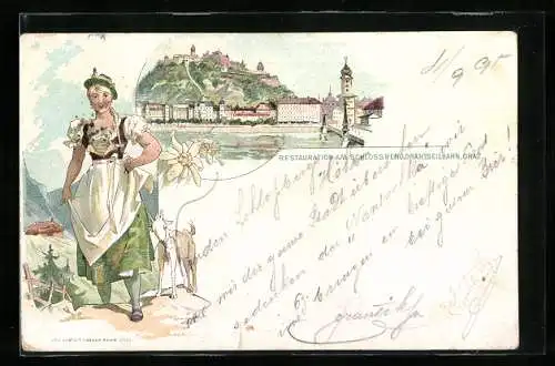 Vorläufer-Lithographie Graz, 1895, Restaurant am Schlossberg, Drahtseilbahn, Ziegenhirtin in Tracht