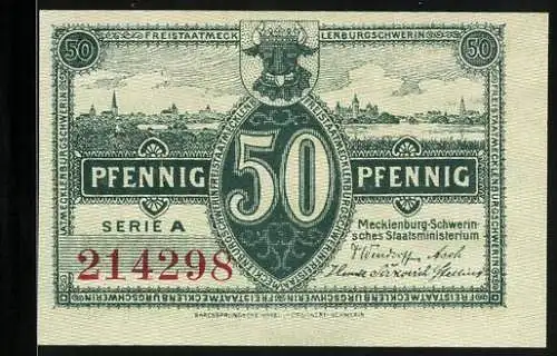 Notgeld Schwerin, 1922, 50 Pfennig, Wappen mit Stier, Ortsansicht