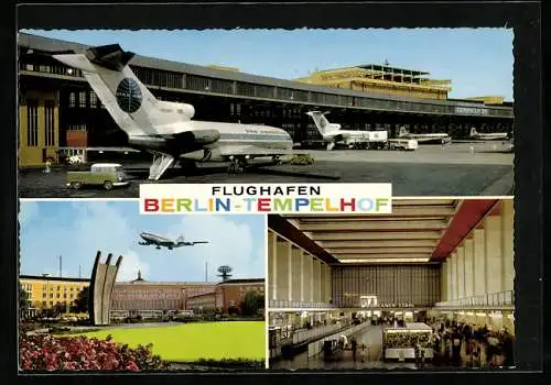 AK Berlin-Tempelhof, Flughafen mit Abfertigungshalle und Ludftbrücken-Denkmal