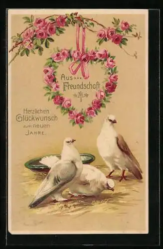 AK Tauben, Rosenherz, Neujahrsgruss