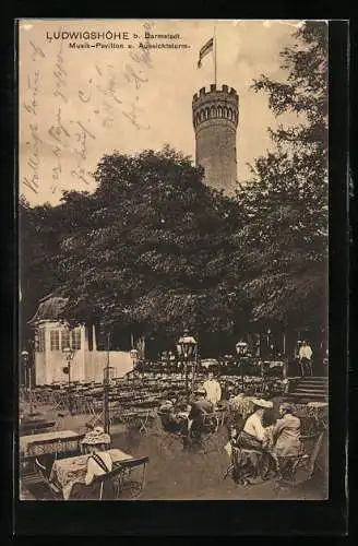 AK Ludwigshöhe b. Darmstadt, Musik-Pavillon und Aussichtsturm