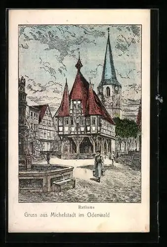 AK Michelstadt, Rathaus, Kirche und Brunnen