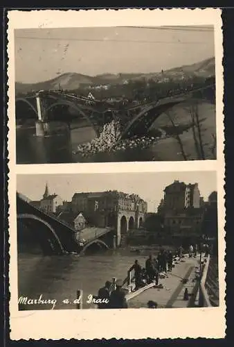 AK Marburg /D., Flusspartie mit eingestürzte Brücke