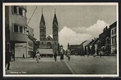 AK Maribor / Marburg, Strassenpartie mit Kirche