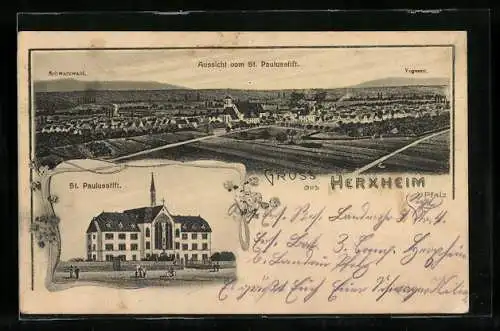 AK Herxheim /Pfalz, St. Paulusstift und Aussicht vom St. Paulusstift