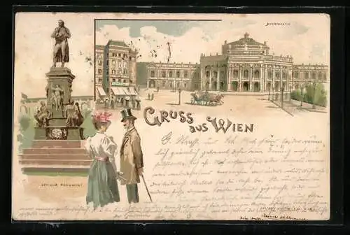 Lithographie Wien, Schiller-Monument und Burgtheater