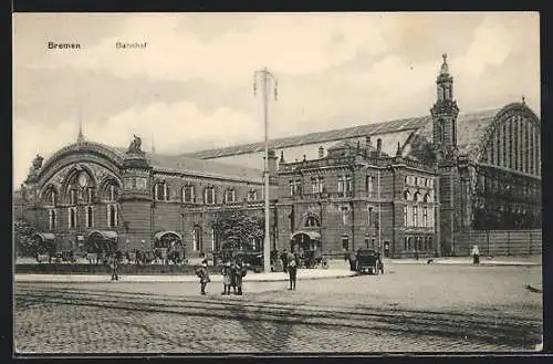 AK Bremen, Bahnhof mit Pferdewägen