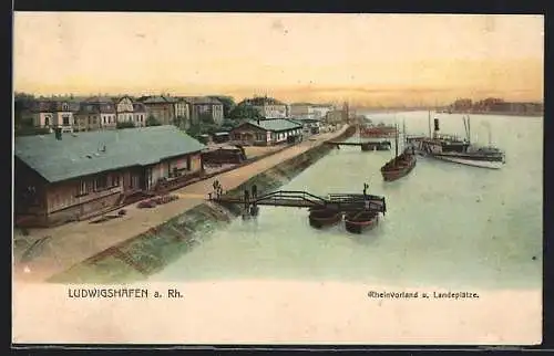 AK Ludwigshafen / Rhein, Rheinvorland und Landeplätze mit Dampfer