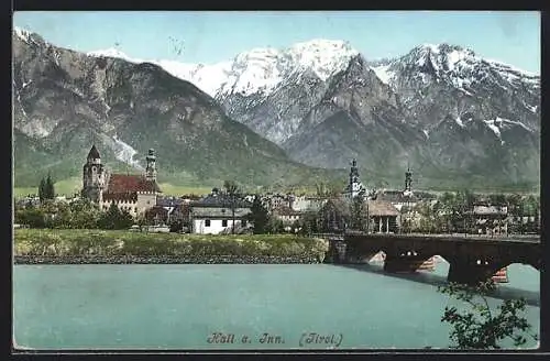 AK Hall a. Inn, Teilansicht mit Kirche und Flussbrücke