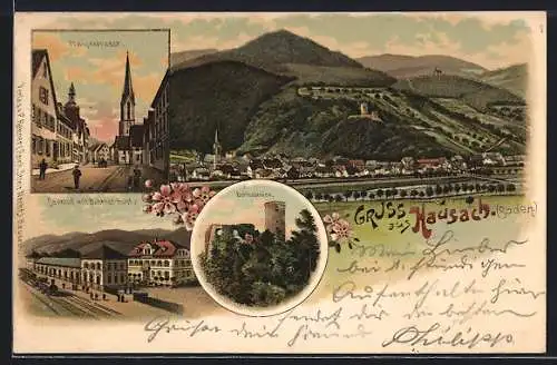 Lithographie Hausach /Baden, Bahnhof mit Bahnhof-Hotel, Schlossruine, Hauptstrasse