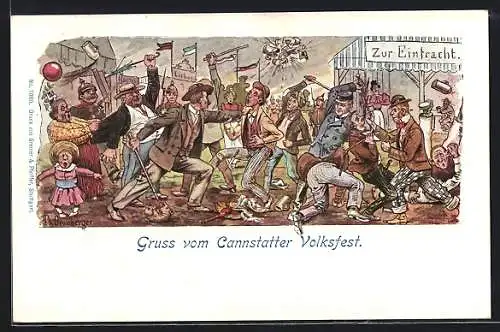 Lithographie Cannstatt, Prügelei auf dem Cannstatter Volksfest