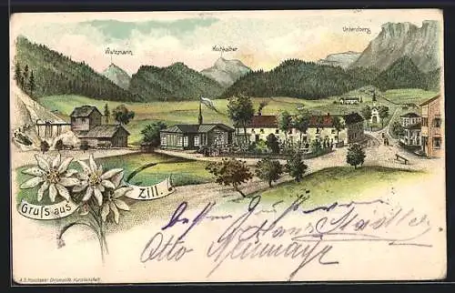 Lithographie Marktschellenberg, Gasthaus Zill mit Watzmann u. Hochkalter, Edelweiss