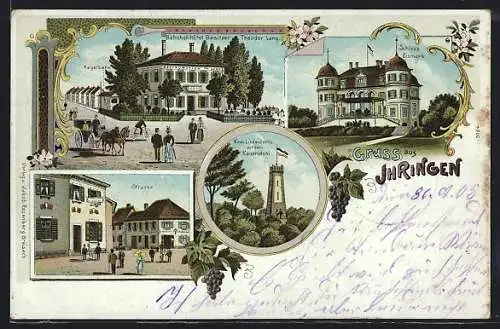 Lithographie Ihringen, Bahnhof-Hotel Lang, Strassenpartie, Schloss Bismarck