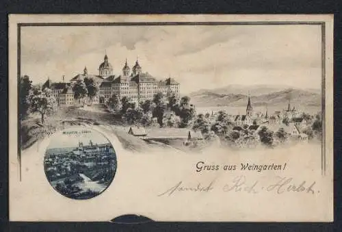 Mechanische-AK Weingarten / Württ., Panorama mit Kloster, Wählscheibe mit verschiedenen Ansichten