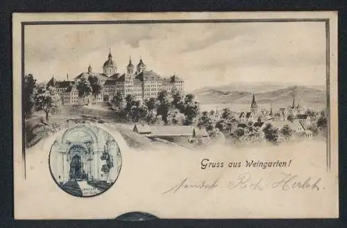 Mechanische-AK Weingarten / Württ., Panorama mit Kloster, Wählscheibe mit verschiedenen Ansichten