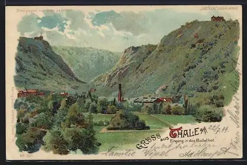 Lithographie Thale a. H., Eingang in das Bodethal, Halt gegen das Licht: Sage von der Rosstrappe