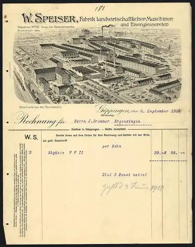 Rechnung Göppingen 1909, W. Speiser, Fabrik landwirtschaftlicher Maschinen, Ansicht des Werks mit Gleisanlage