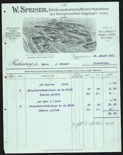 Rechnung Göppingen 1911, W. Speiser, Fabrik landwirtschaftlicher Maschinen, Werksansicht mit Gleisanlage und Lagerplatz