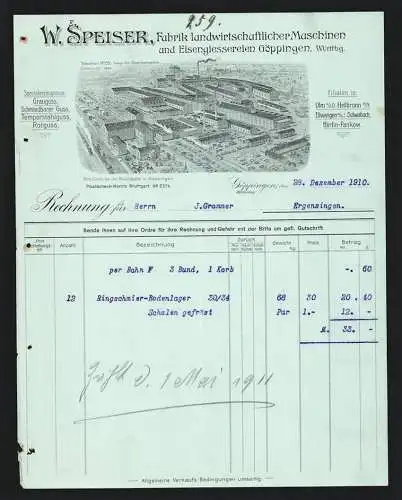 Rechnung Göppingen 1910, W. Speiser, Fabrik landwirtschaftlicher Maschinen, Betrieb mit Gleisanlage und Lagerplatz