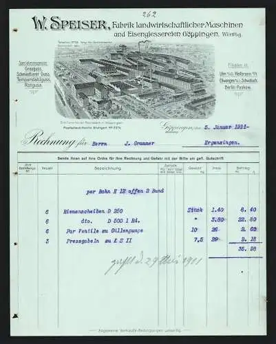 Rechnung Göppingen 1911, W. Speiser, Fabrik landwirtschaftlicher Maschinen, Das Werk mit Gleisanlage und Lagerplatz