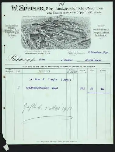 Rechnung Göppingen 1910, W. Speiser, Fabrik landwirtschaftlicher Maschinen, Werk mit mehreren Lagerplätzen