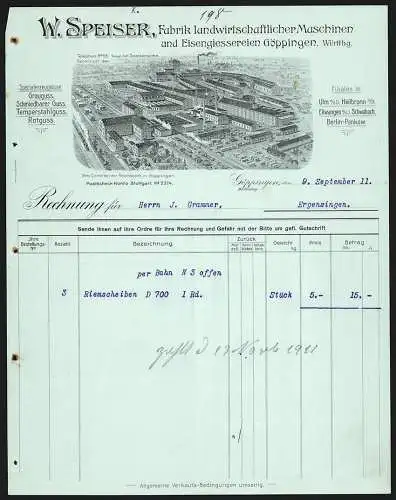 Rechnung Göppingen 1911, W. Speiser, Fabrik landwirtschaftlicher Maschinen, Betrieb mit Gleisanlage und Lagerplatz