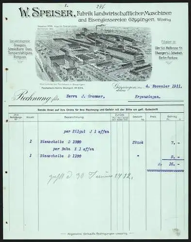 Rechnung Göppingen 1911, W. Speiser, Fabrik landwirtschaftlicher Maschinen, Fabrik mit Gleisanlage und Lagerplatz