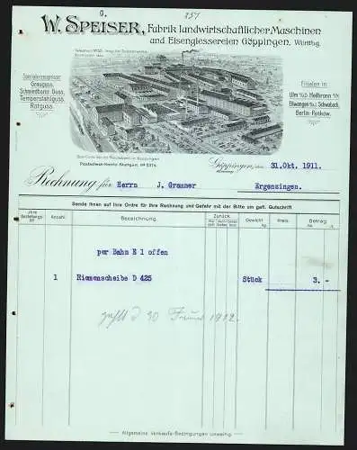 Rechnung Göppingen 1911, W. Speiser, Fabrik landwirtschaftlicher Maschinen, Fabrik mit Gleisanlage und Lagerplatz