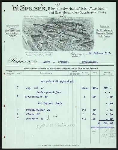 Rechnung Göppingen 1911, W. Speiser, Fabrik landwirtschaftlicher Maschinen, Fabrik mit Gleisanlage und Lagerplatz