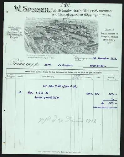 Rechnung Göppingen 1911, W. Speiser, Fabrik landwirtschaftlicher Maschinen, Werk mit Gleisanlage und Lagerplatz
