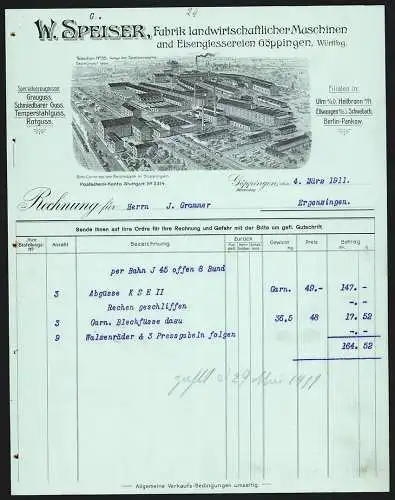 Rechnung Göppingen 1911, W. Speiser, Fabrik landwirtschaftlicher Maschinen, Werkansicht mit Gleisanlage und Lagerplatz