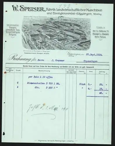 Rechnung Göppingen 1910, W. Speiser, Fabrik landwirtschaftlicher Maschinen, Fabrik mit eigener Gleisanlage