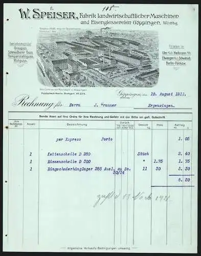 Rechnung Göppingen 1911, W. Speiser, Fabrik landwirtschaftlicher Maschinen, Fabrik mit eigener Gleisanlage