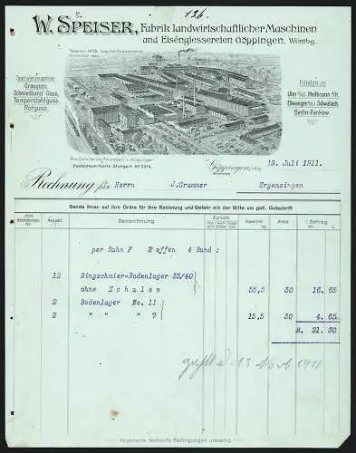 Rechnung Göppingen 1911, W. Speiser, Fabrik landwirtschaftlicher Maschinen, Fabrik mit eigener Gleisanlage