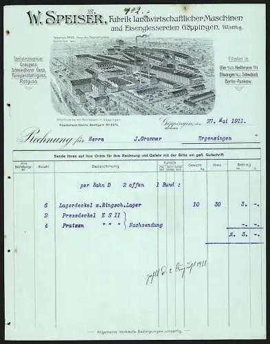 Rechnung Göppingen 1911, W. Speiser, Fabrik landwirtschaftlicher Maschinen, Betrieb mit eigener Gleisanlage