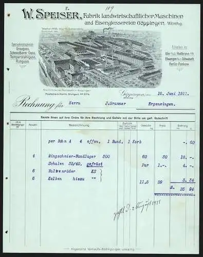 Rechnung Göppingen 1911, W. Speiser, Fabrik landwirtschaftlicher Maschinen, Betrieb mit eigener Gleisanlage