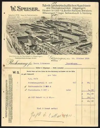 Rechnung Göppingen 1910, W. Speiser, Fabrik landwirtschaftlicher Maschinen, Die Betriebsanlage aus der Vogelschau