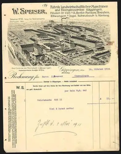 Rechnung Göppingen 1910, W. Speiser, Fabrik landwirtschaftlicher Maschinen, Die Betriebsanlage aus der Vogelschau