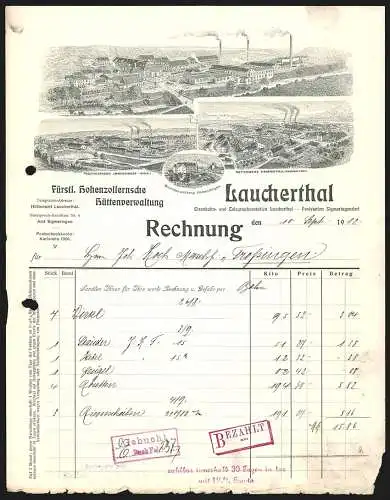 Rechnung Laucherthal 1912, Fürstl. Hohenzollernsche Hüttenverwaltung, Hauptwerk, Zweigwerk, Hüttenwerk und Wohnung